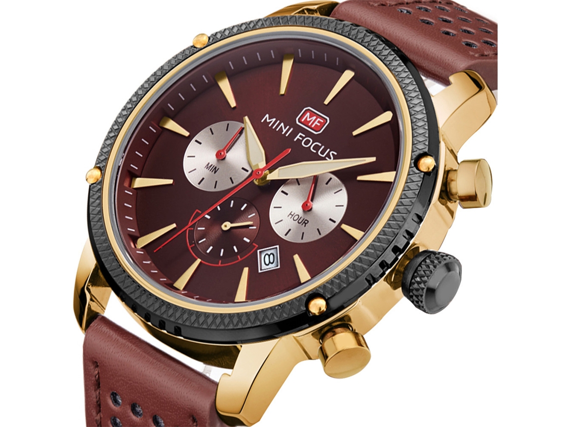 Relógio de Pulso Quartz Masculino Redondo de Liga com Pulseira de Couro Marrom Claro