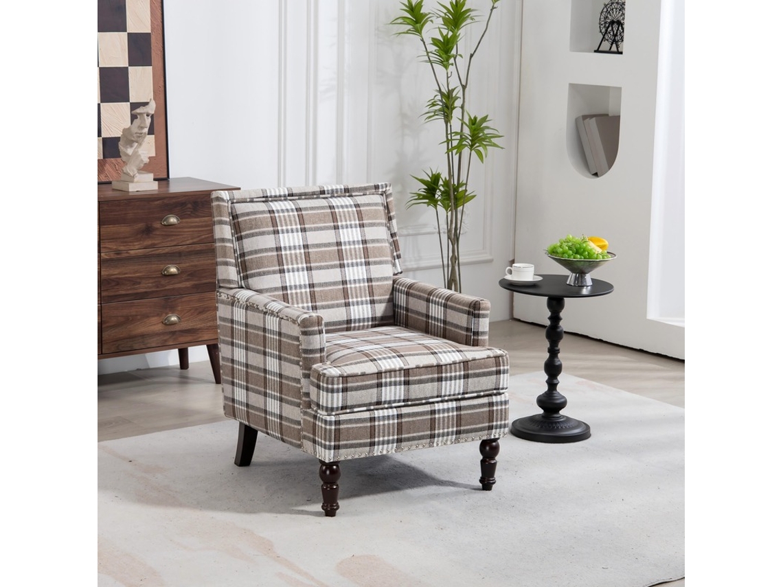 Cadeira Vintage Linho Marrom Com Tachas Sala Estar