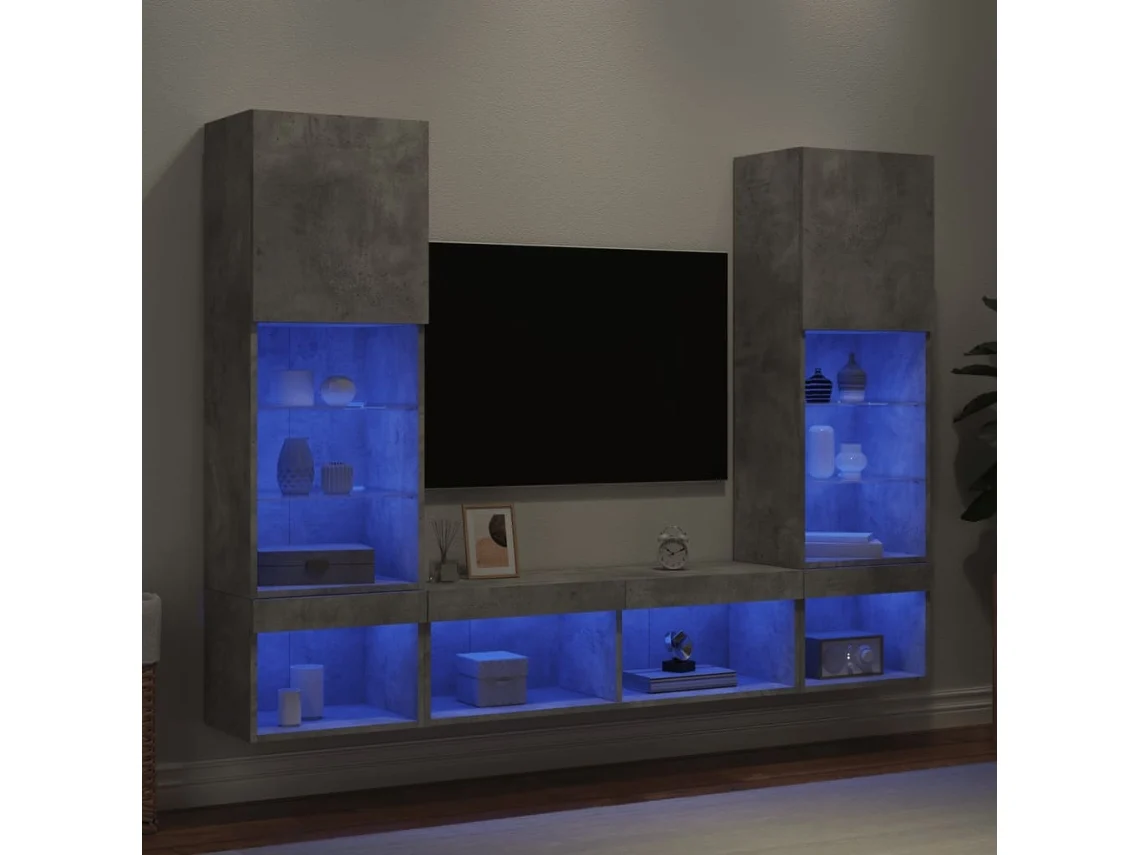 Vidaxl 5 Pcs Móveis Parede P/ Tv C/ Leds Deriv. Madeira Cinza Cimento