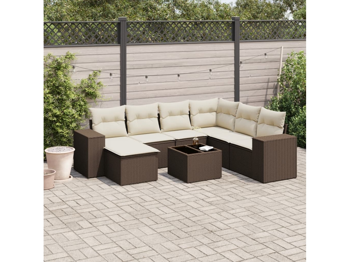 Vidaxl 8 Pcs Conjunto Sofás De Jardim C/ Almofadões Vime Pe Castanho