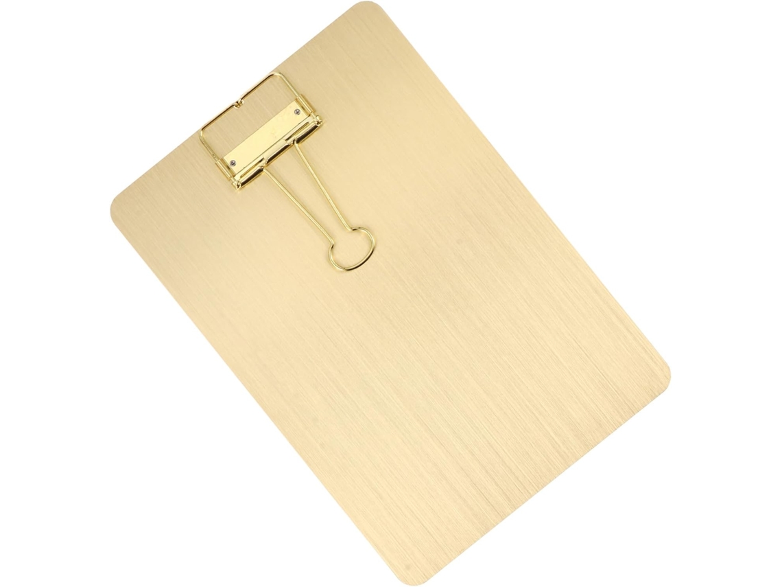 Prancheta A5 em aço inoxidável dourado, ergonômico e leve, com clipe multifuncional para mesa, escola e outros ambientes.