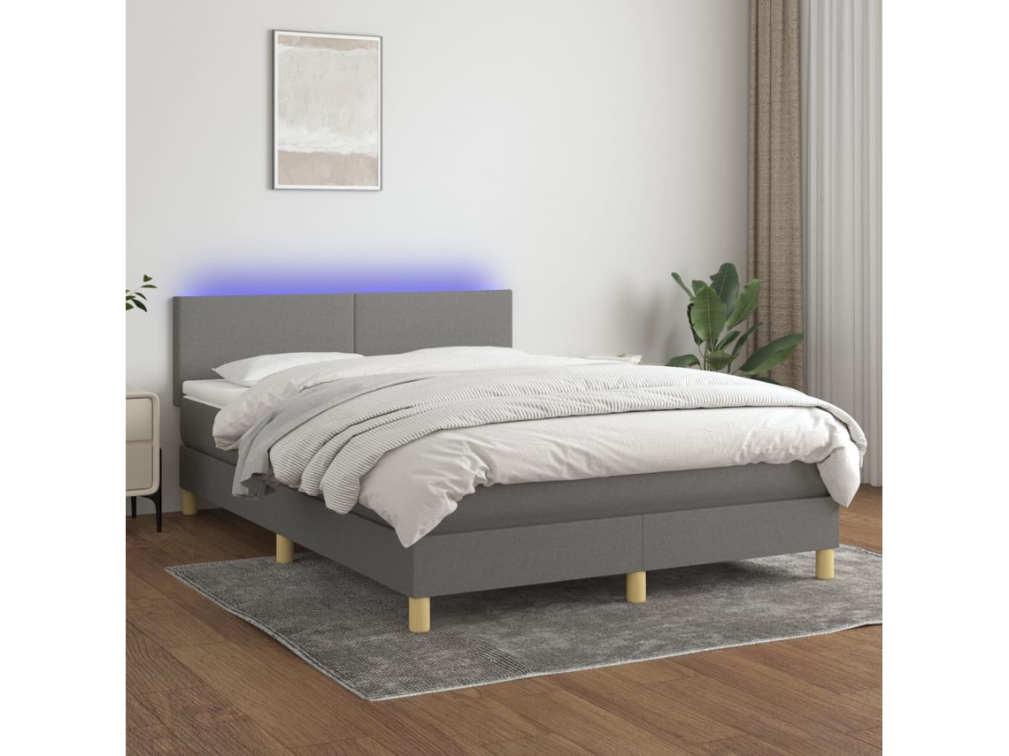 Vidaxl Cama Box Spring C/ Colchão E Led 140x190 Cm Tecido Cinza-escuro
