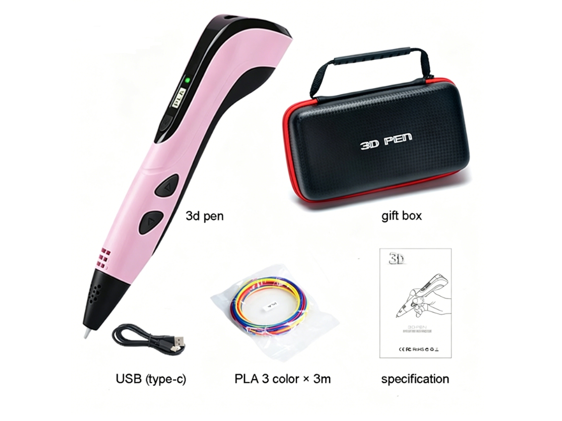 Caneta De Impressão 3d Portátil, Alimentada Por Usb Com Tela Lcd,caixa De Armazenamento, 3m X 3 Cores Filamentos Pla (rosa) Digitallab