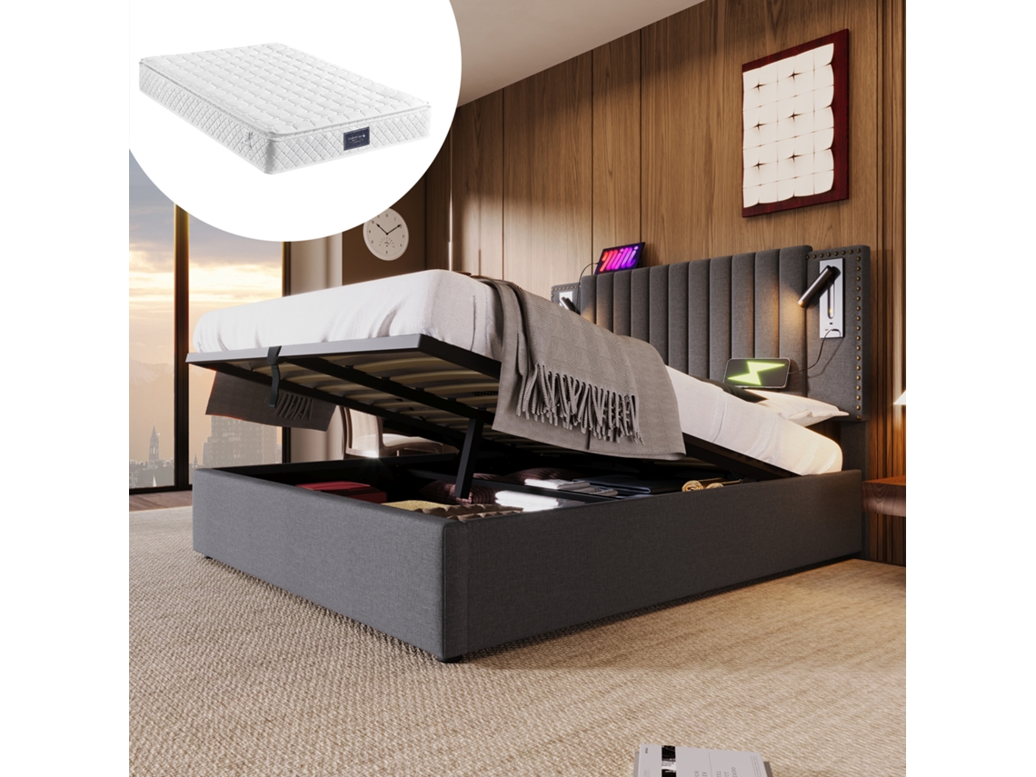 Cama 140x200 Com Gaveta Luz Usb Algodão Cinza Colchão Aço