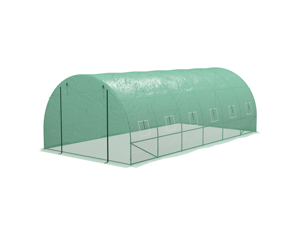 Fogão túnel Rolo 6x3x2 m com sistema de irrigação integrado, 12 janelas pequenas e 1 porta verde