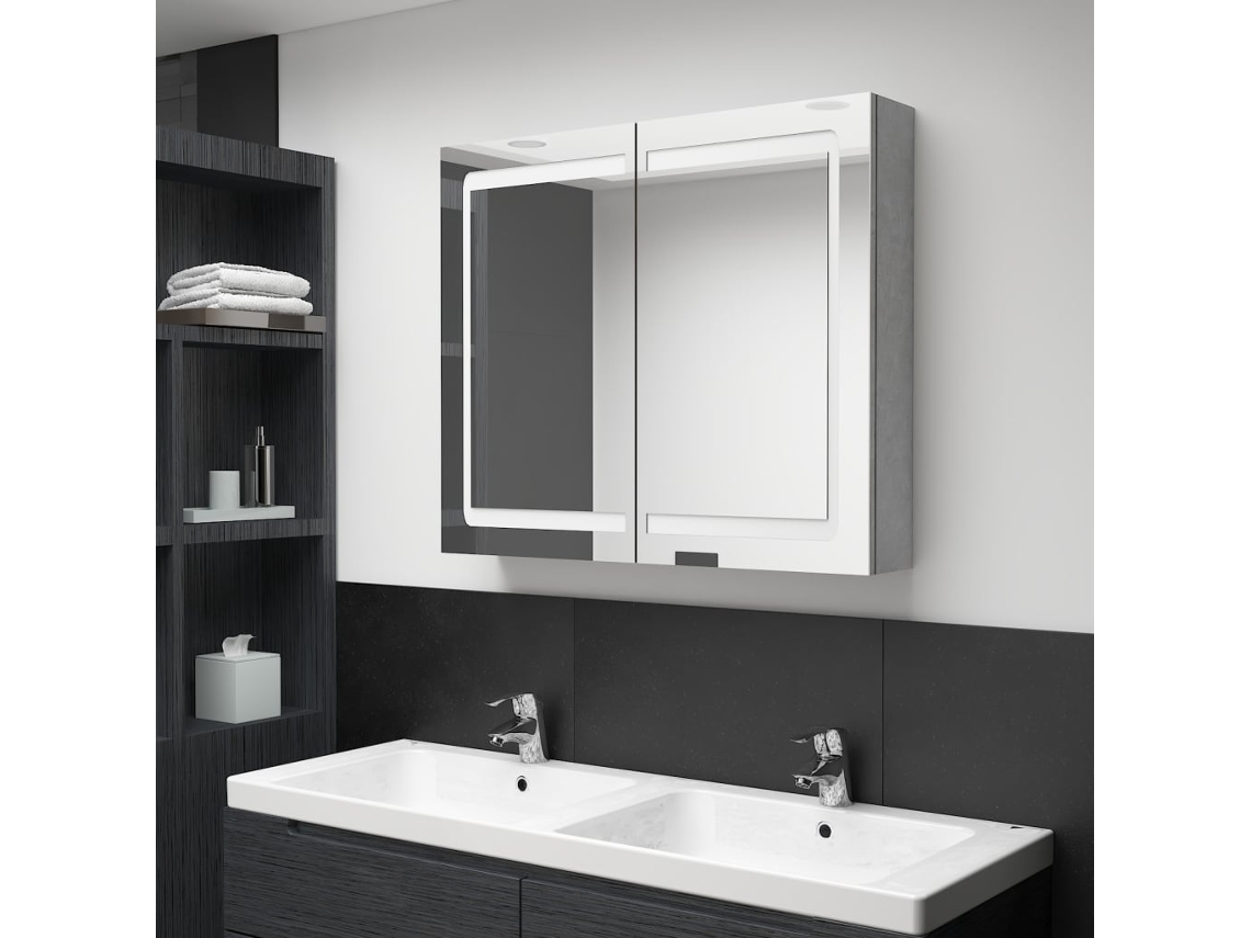 Vidaxl Armário Espelhado Casa De Banho Led 80x12x68cm Cinzento Cimento