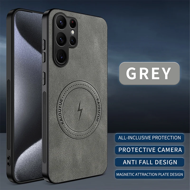 Capa Protetora Magnética Em Couro Genuíno (cinza Galaxy A15), Acabamento Fosco, Resistente A Impactos.