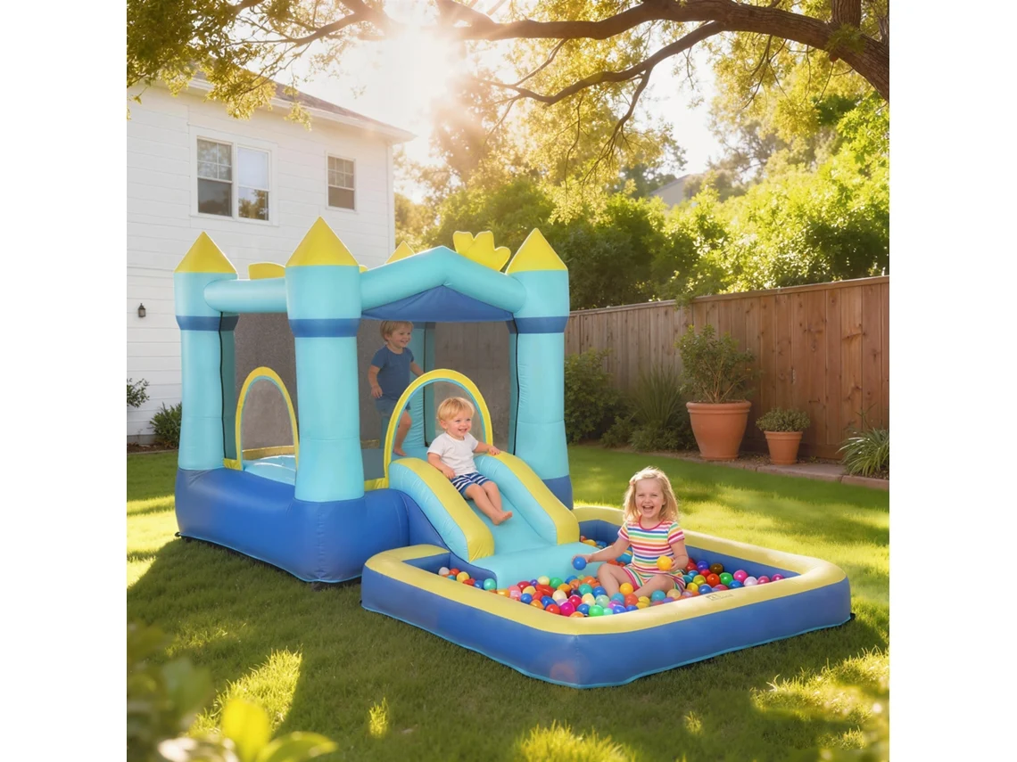 Cama Elástica Inflável 4 Em 1 Para Crianças De 3 A 8 Anos, Azul, Com Escorregador, Piscina De Bolinhas Ou Água E Cesto De Basquete