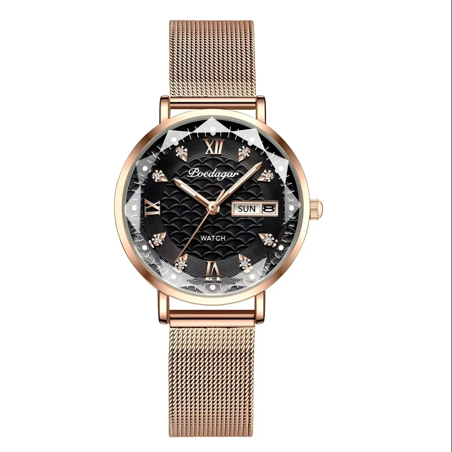 (ouro Rosa E Preto) Relógio Feminino Requintado, Elegante, À Prova D'água E Luminoso.