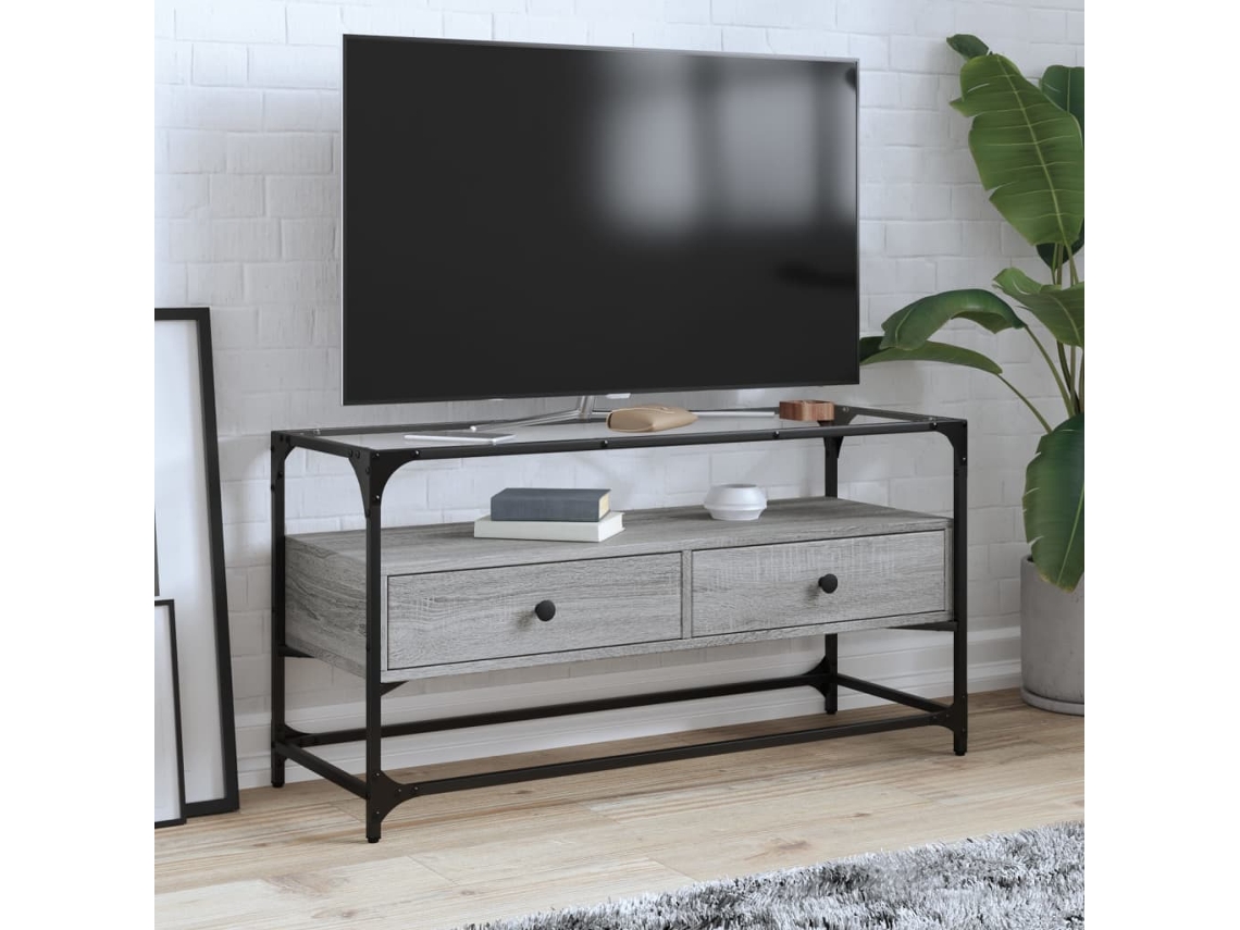 Vidaxl Móvel De Tv C/ Tampo De Vidro Derivados Madeira Cinzento Sonoma