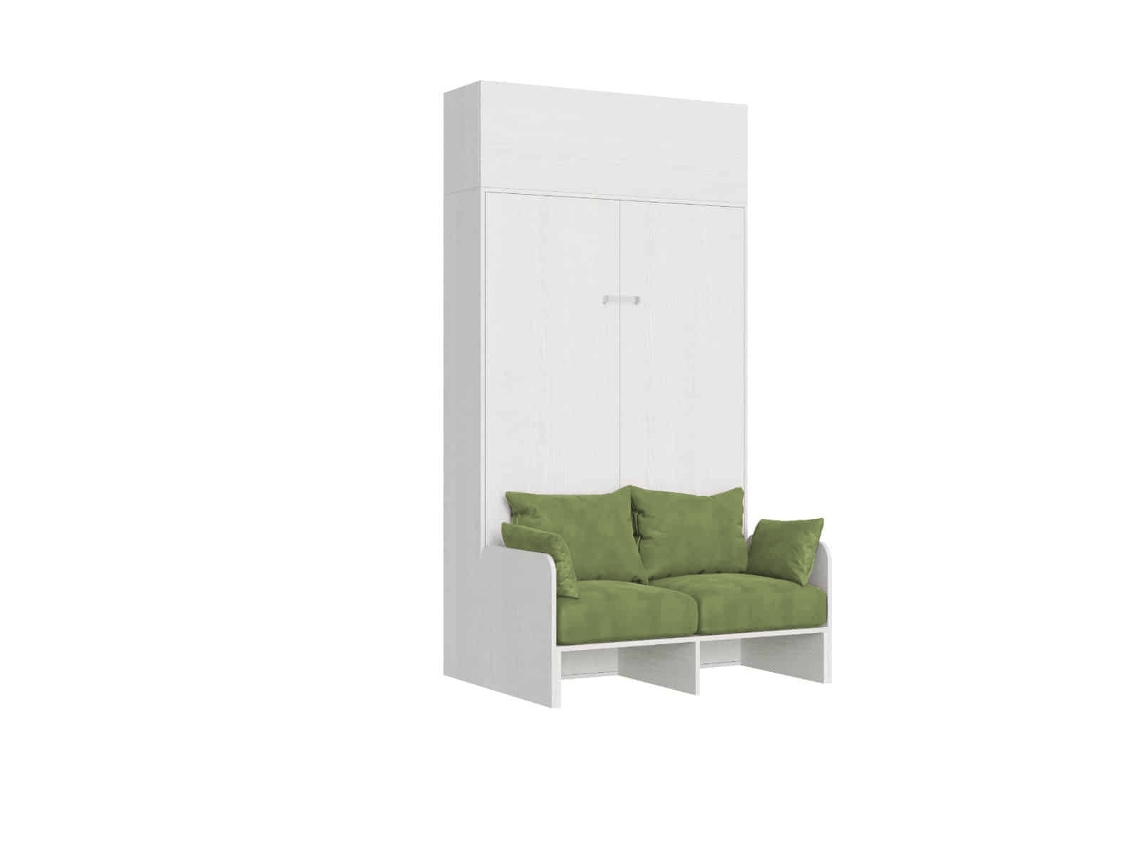Cama Queen-size Dobrável Kentaro De 120 Cm Com Sofá E Armário De Parede Em Freixo Branco, Verde