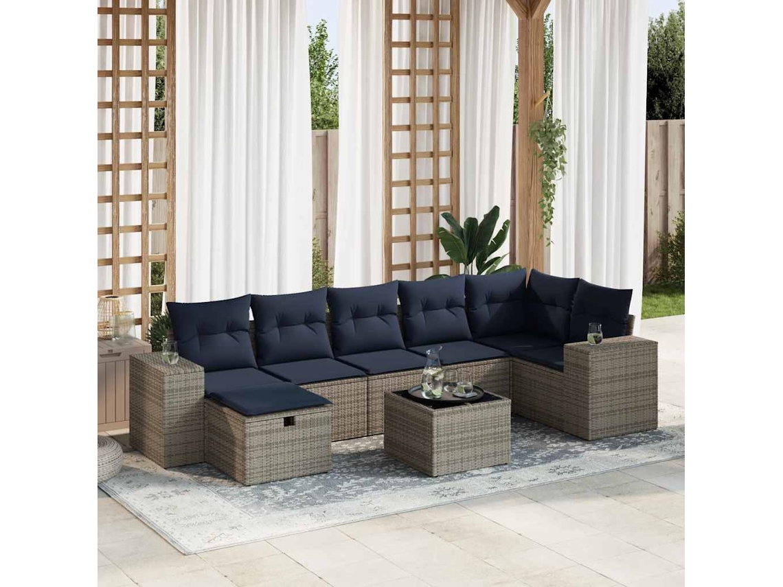 Vidaxl 8 Pcs Conjunto Sofás De Jardim C/ Almofadões Vime Pe Cinzento