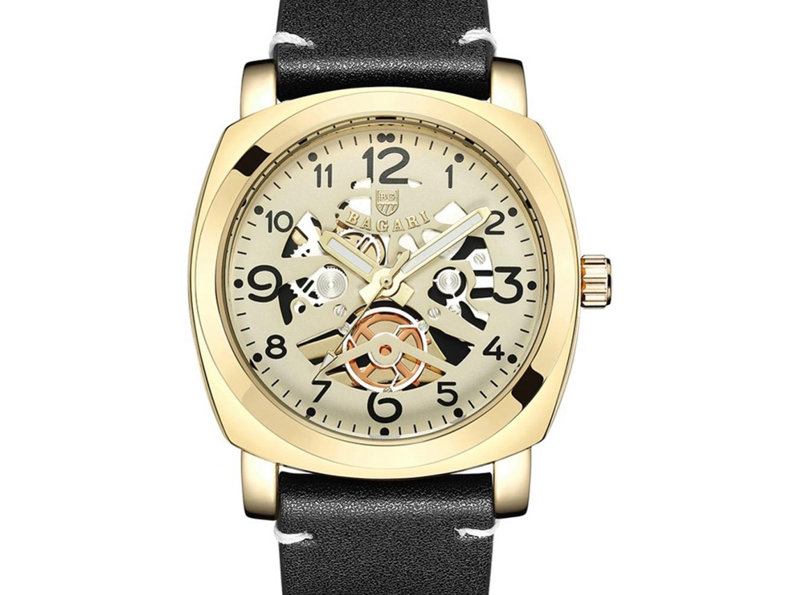 Reloj Deportivo Hombre Bagari De Cuero Pu Caja Oro Correa Negra Cuadro Redondo Cuarzo