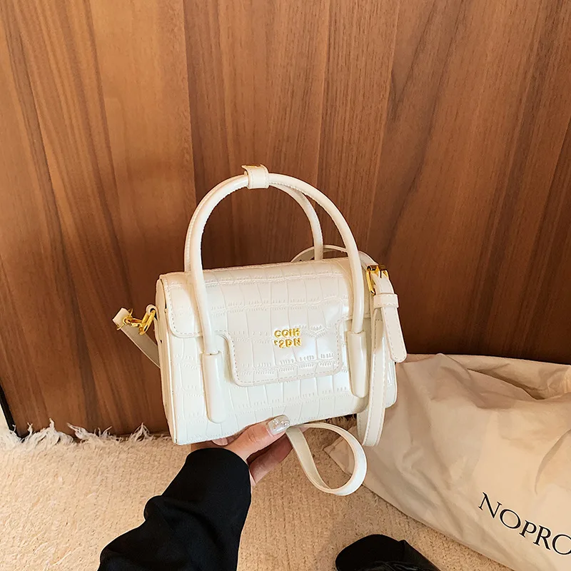 Bolsa Transversal Feminina Branca Com Estampa De Pedra, Bolsa De Mão/carteira De Alça Curta, Bolsa Mensageiro Pequena Em Couro Pu.