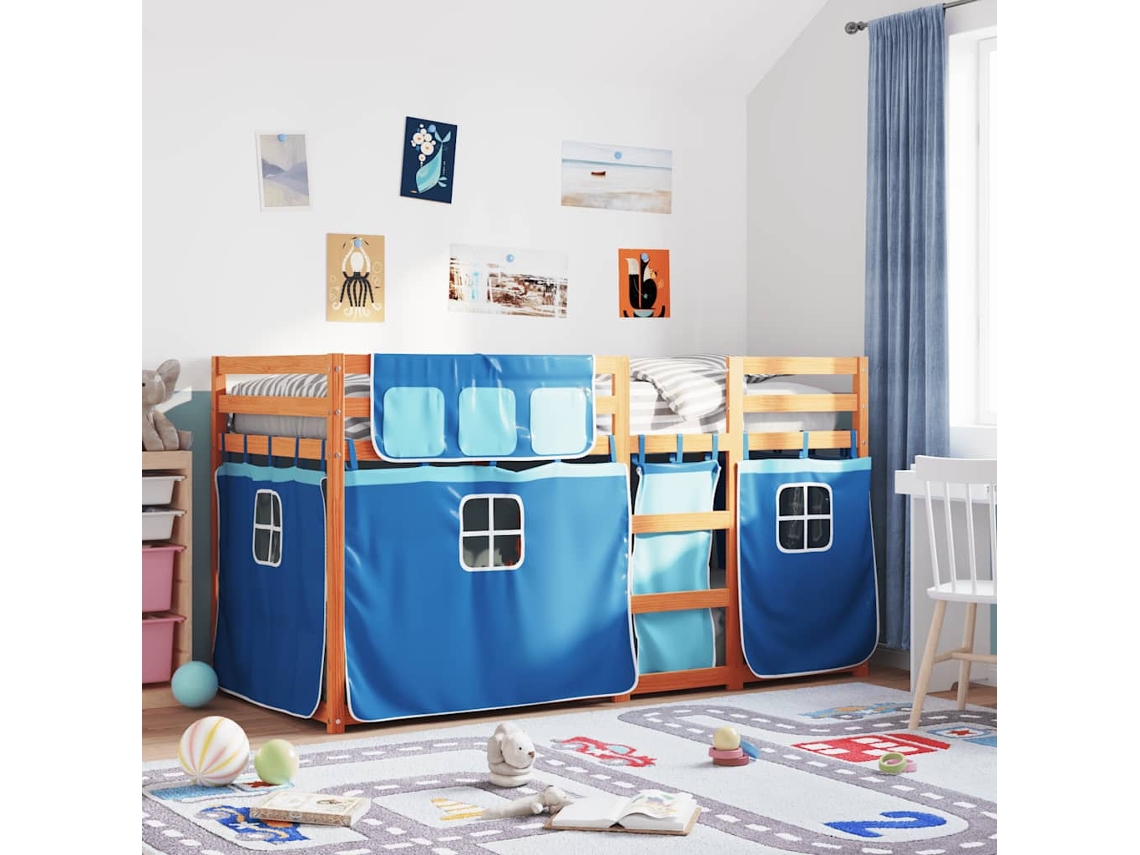 Vidaxl Beliche Com Cortinas 90x200 Cm Madeira De Pinho Maciça Azul