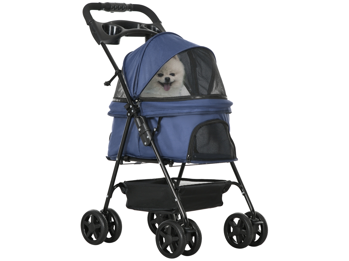 Carrinho dobrável para cães, porta copos, tecido, 4 rodas, azul escuro