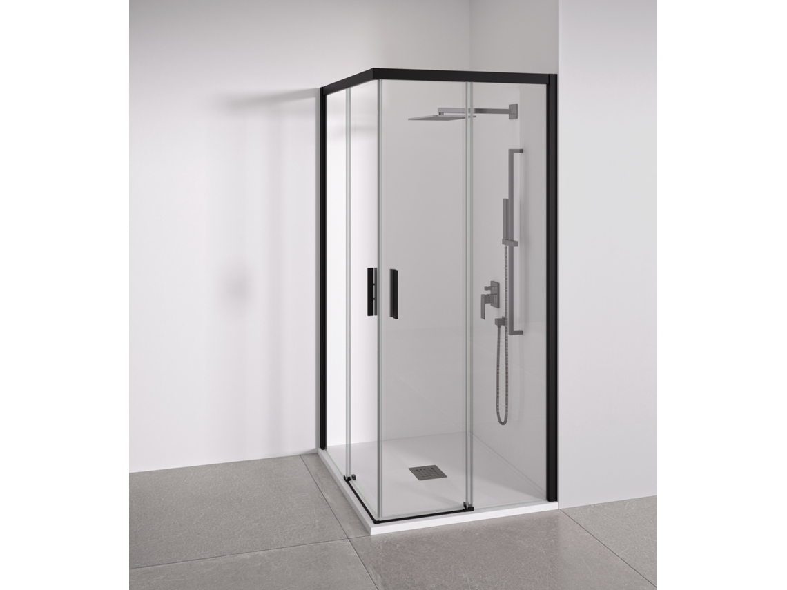 Paroi De Duche Angular Com 2 Portas Deslizantes 2 Fixas Vidro Temperado Preto Largura Adaptável 87 89 X 67 69 Cm Alto 195 Cm Bellobath