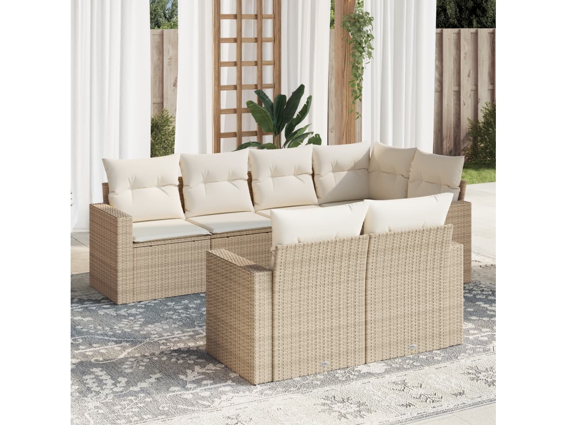 Vidaxl 7 Pcs Conjunto De Sofás P/ Jardim Com Almofadões Vime Pe Bege