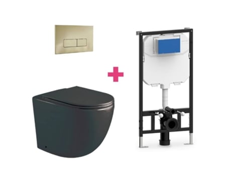 Conjunto de vaso sanitário suspenso de cerâmica Genova preto fosco Aquore com cisterna retangular dourada e botão de pressão