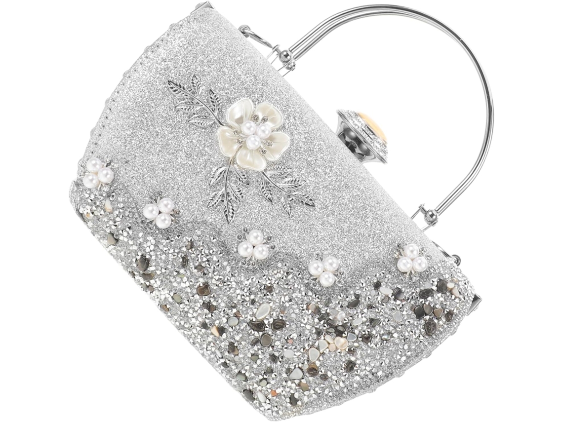 Bolsa De Mão Feminina Floral Para Noite Com Cristais E Pérolas, Com Detalhes Em Metal.