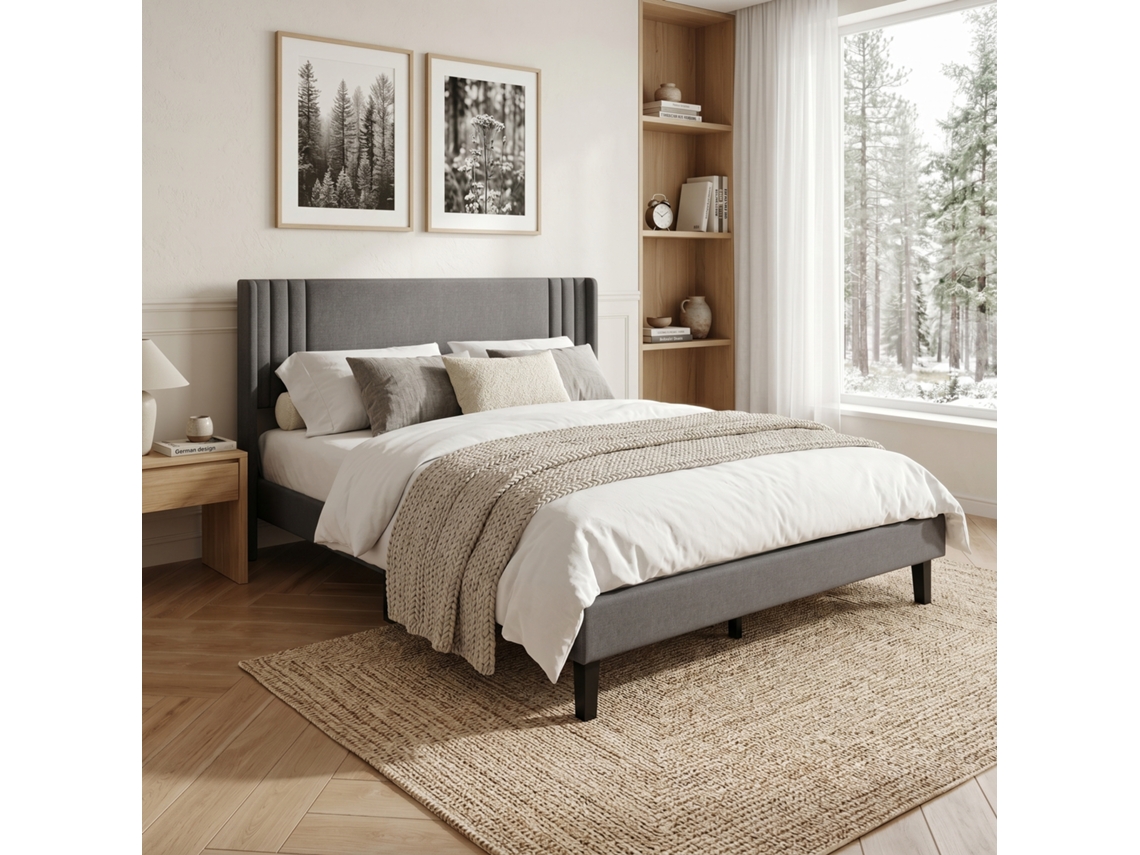 Estrutura de Cama 140x200 Cm em Linho, Cama de Casal Estofada com Somier de Ripas, Cama Juventude Cabeceira Acolchoada, Cinza RESETIZE