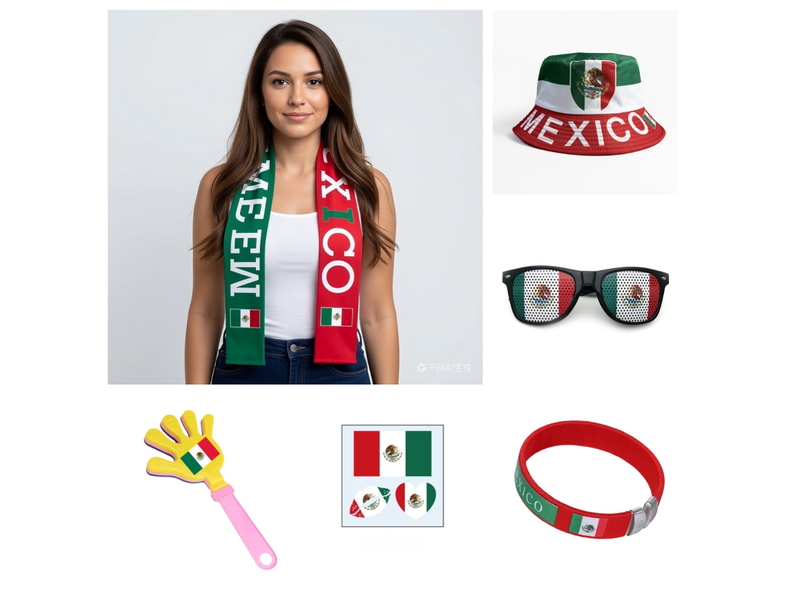 Kit Acessórios Bandeira México Copa do Mundo 2026, Cachecol Chapéu Óculos Pulseira Adereços Adepto Seleção Mexicana Premium STELASPLEN
