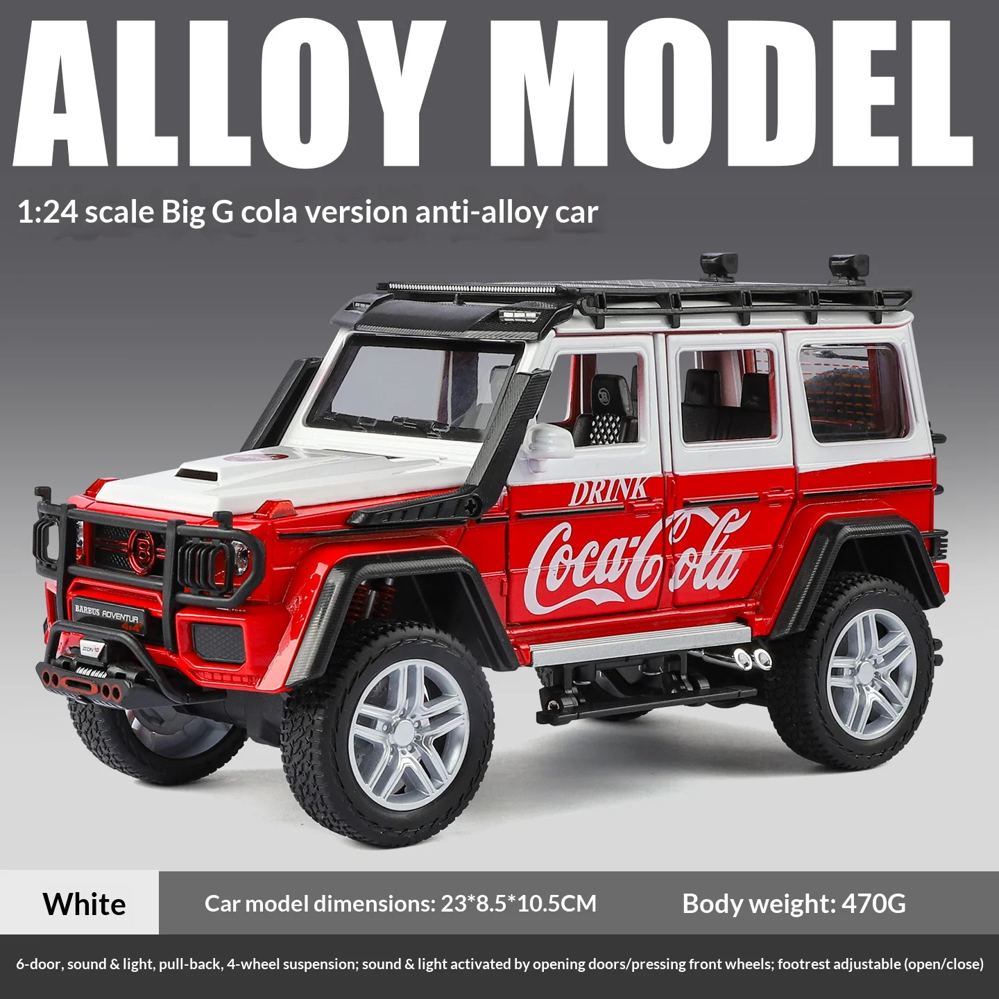 (branco) Miniatura De Carro G63 Coca-cola Em Escala 1/24, Modelo Em Metal Fundido, Brinquedo Para Veículo Off-road Com Som E Luz Simulados.