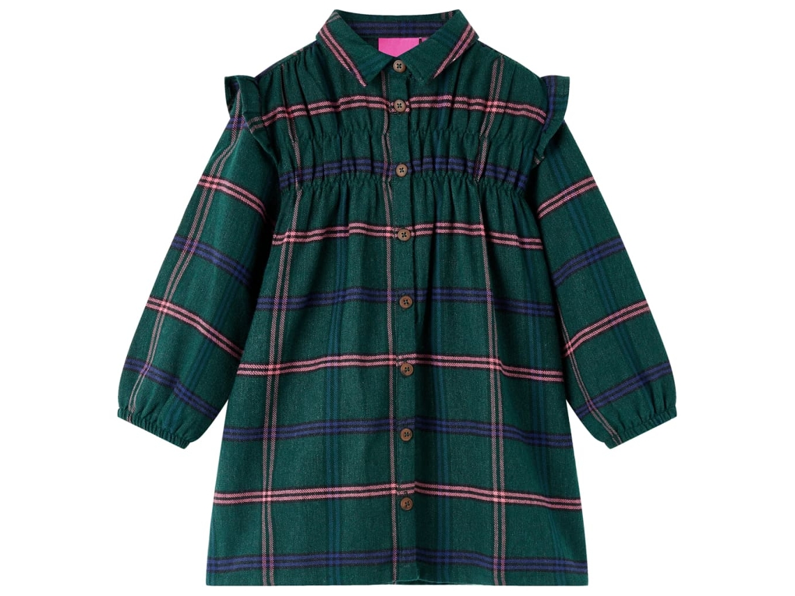 Vestido De Criança Com Manga Comprida E Folhos Verde-escuro 116