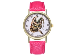 Relógio de quartzo unissex casual com pulseira de couro PU, mostrador redondo vermelho e rosa.