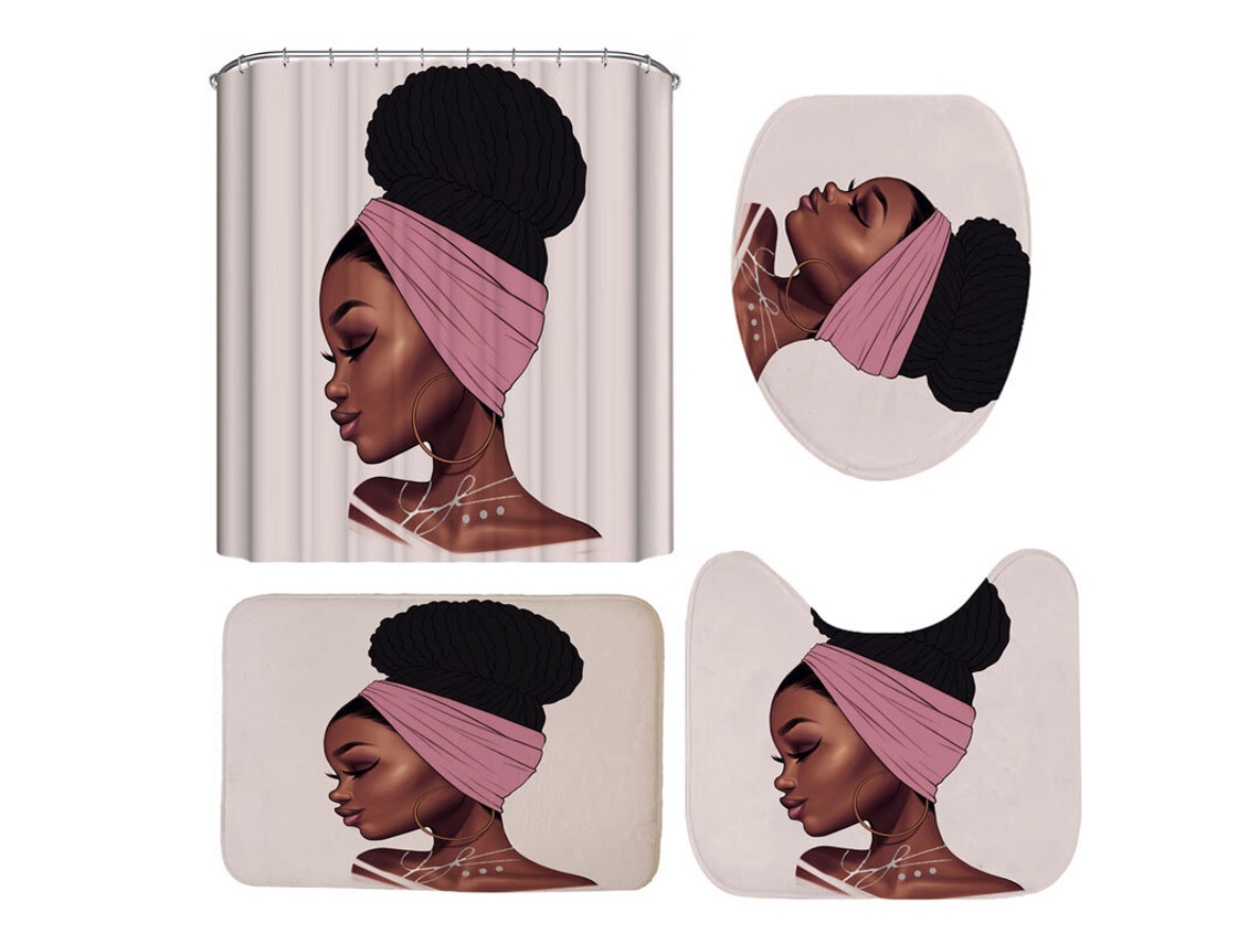 Conjunto 3 Peças Estampa Menina Africana Cortina Chuveiro Impermeável Tapetes Antiderrapantes Capa Assento Vaso Sanitário Tapete Chão MDUG