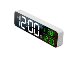 Despertador digital com data e temperatura, som estéreo, brilho ajustável e carregamento USB.