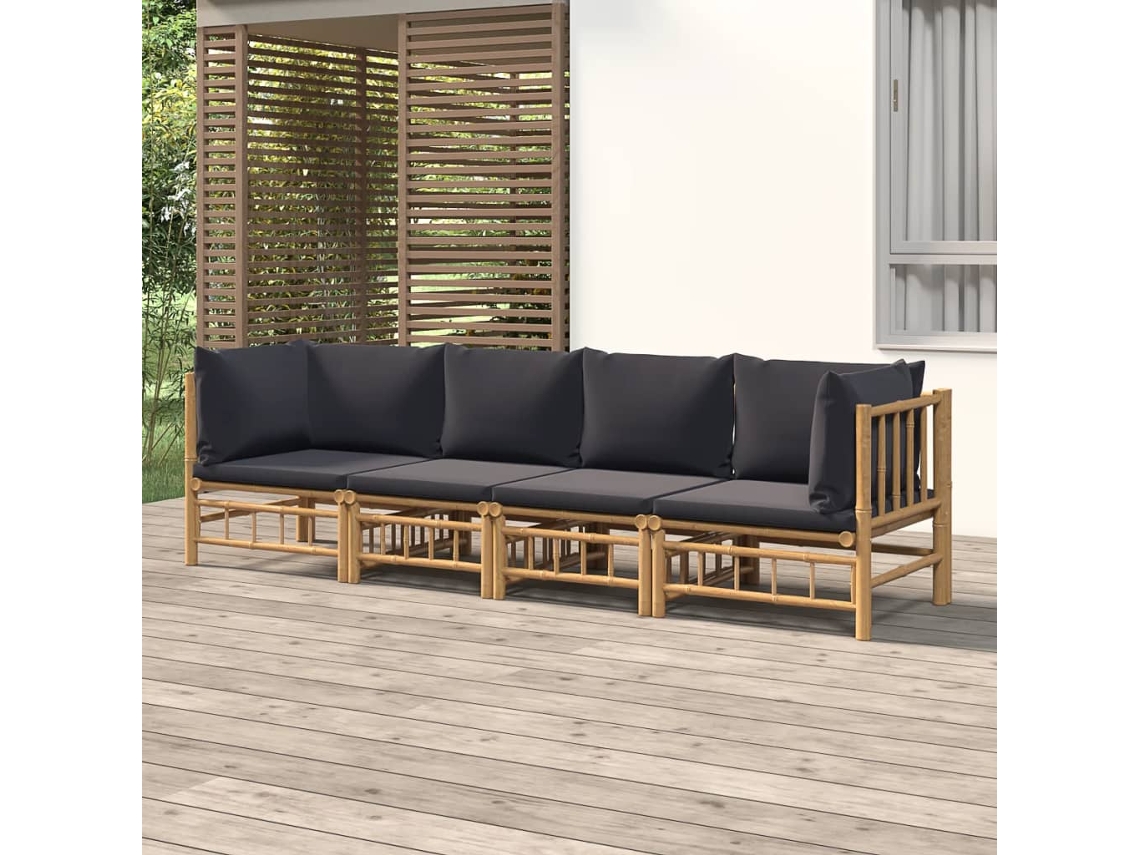 Vidaxl 4pcs Conj. Lounge De Jardim Bambu C/ Almofadões Cinzento-escuro