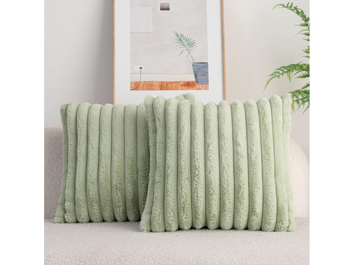 Conjunto De 2 Capas De Almofada, 16 X 16 Polegadas, Em Pele Sintética, Verde Padrão Às Riscas, Para Sofá E Decoração De Casa Elysve