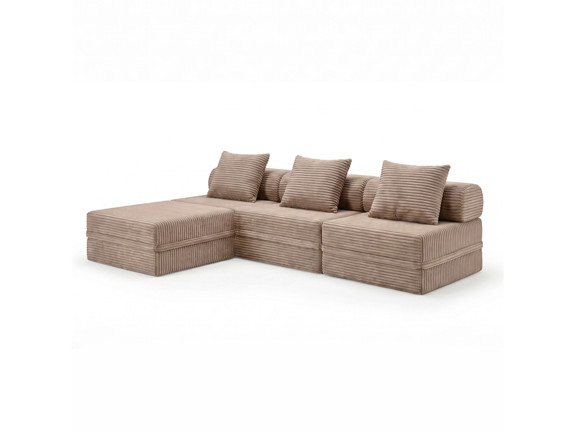 Sofá Modular 3+1+puff Convertível Veludo Listado Taupe SKOFFA