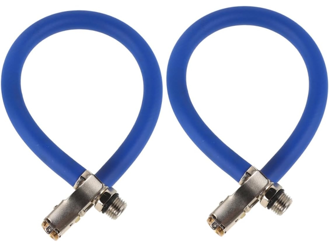 Inflador de pneus de 2 peças com mangueira de extensão e válvula de metal com trava.