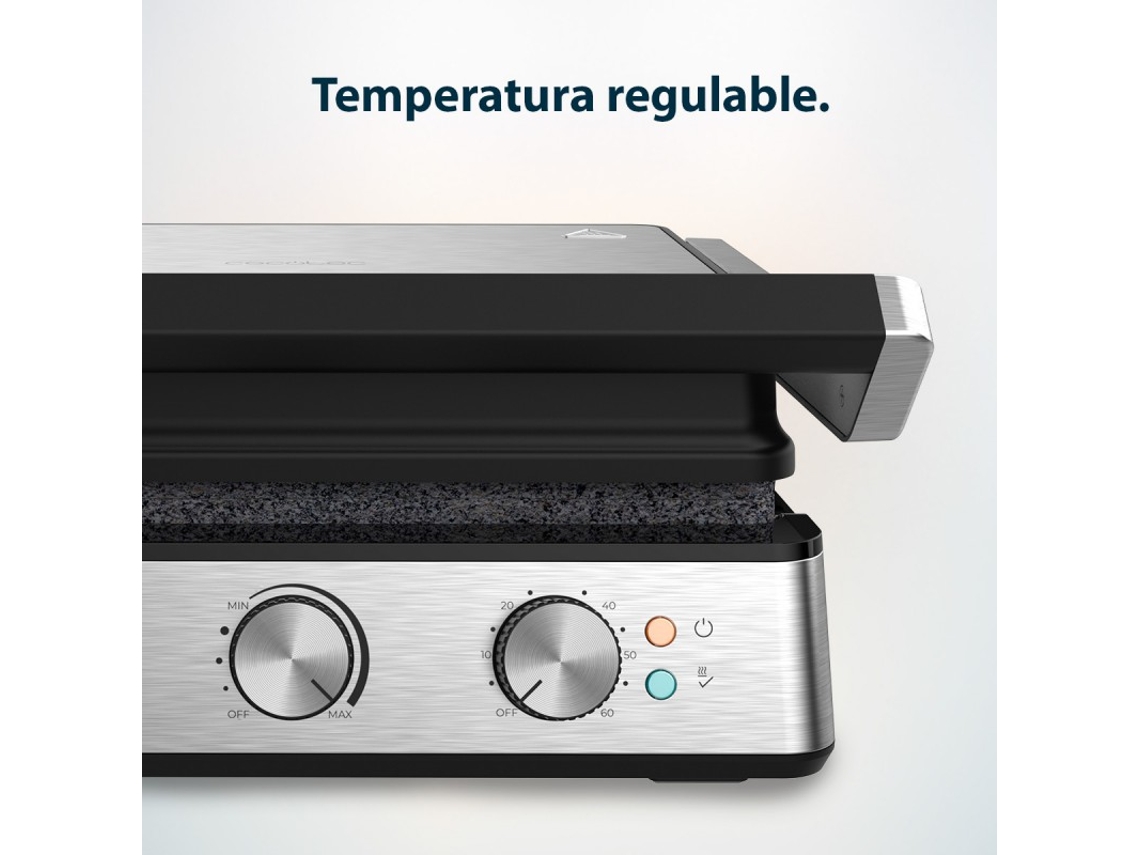 Grelhador Elétrico de 2400 W Que Ajusta O Tempo e a Temperatura Tem Placas Revestidas de Rockstone Laváveis na Máquina de Lavar Loiça e Abert CECOTEC