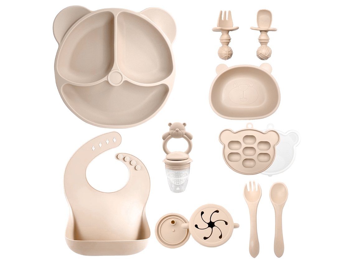 Conjunto de Talheres Bebé CHRUI 6+ Meses Antiderrapante Prato Tigela Copo Babador (bege)
