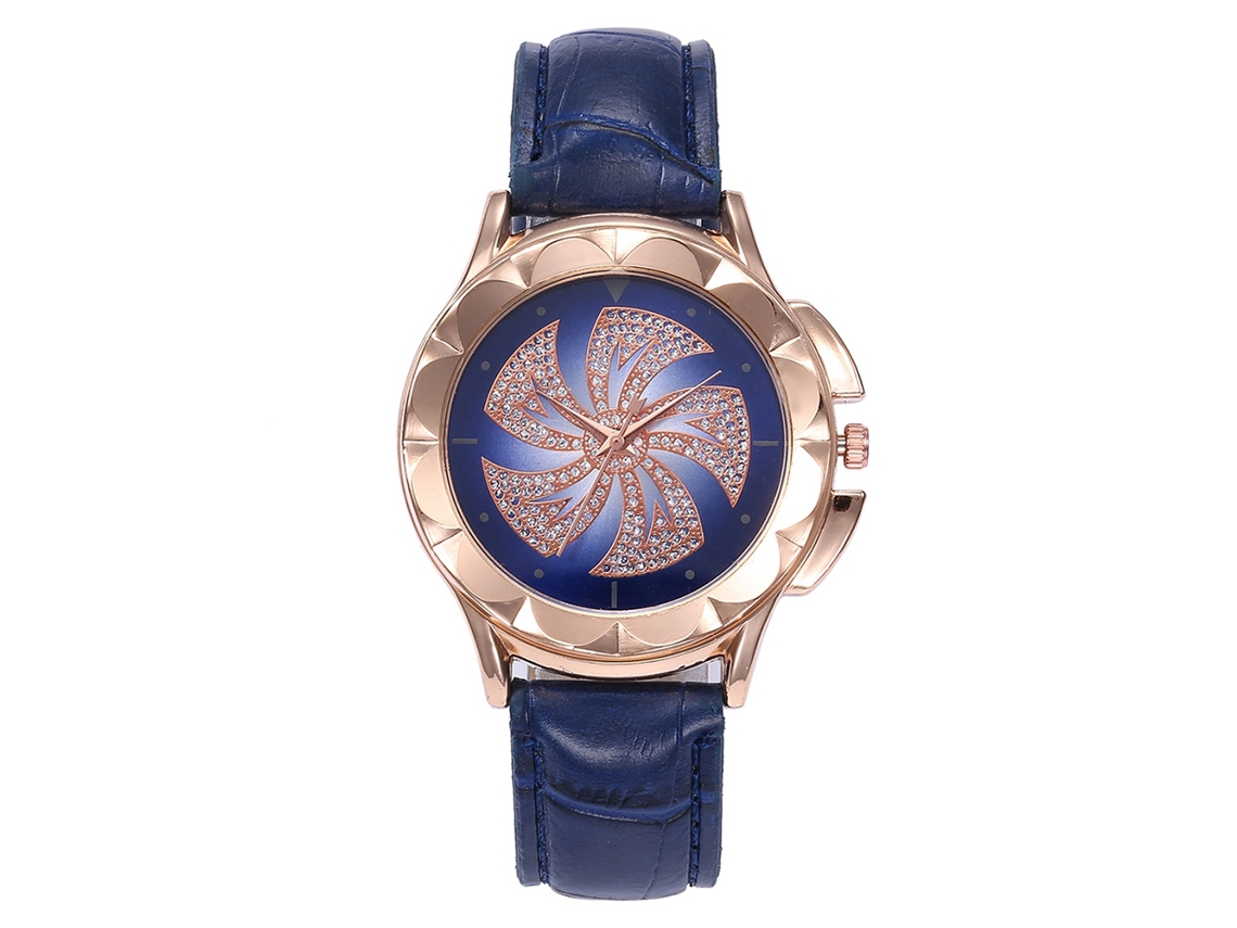 Relógio de Pulso Feminino Vansvar de Couro Pu com Strass e Movimento de Quartzo Azul