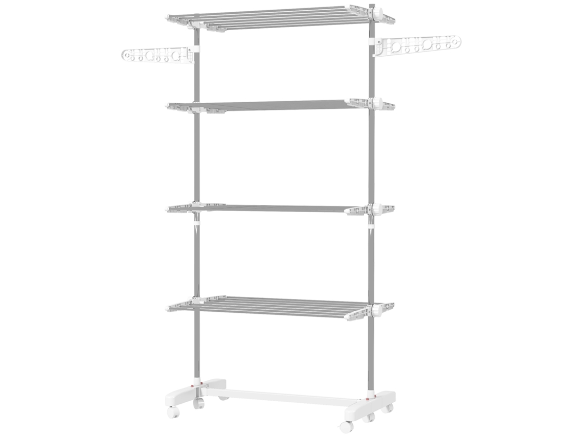 Estendal De Roupa Dobrável 80x55x172cm Com 6 Rodas E 4 Prateleiras Com Altura Ajustável De Aço Inoxidável
