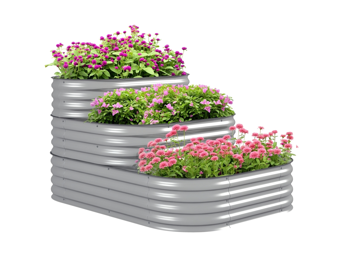 Canteiro Elevado, Escada Externa de Flores, Jardineira. 3 Níveis. 158 Cm X 109 Cm X 82 Cm. Prata Ge