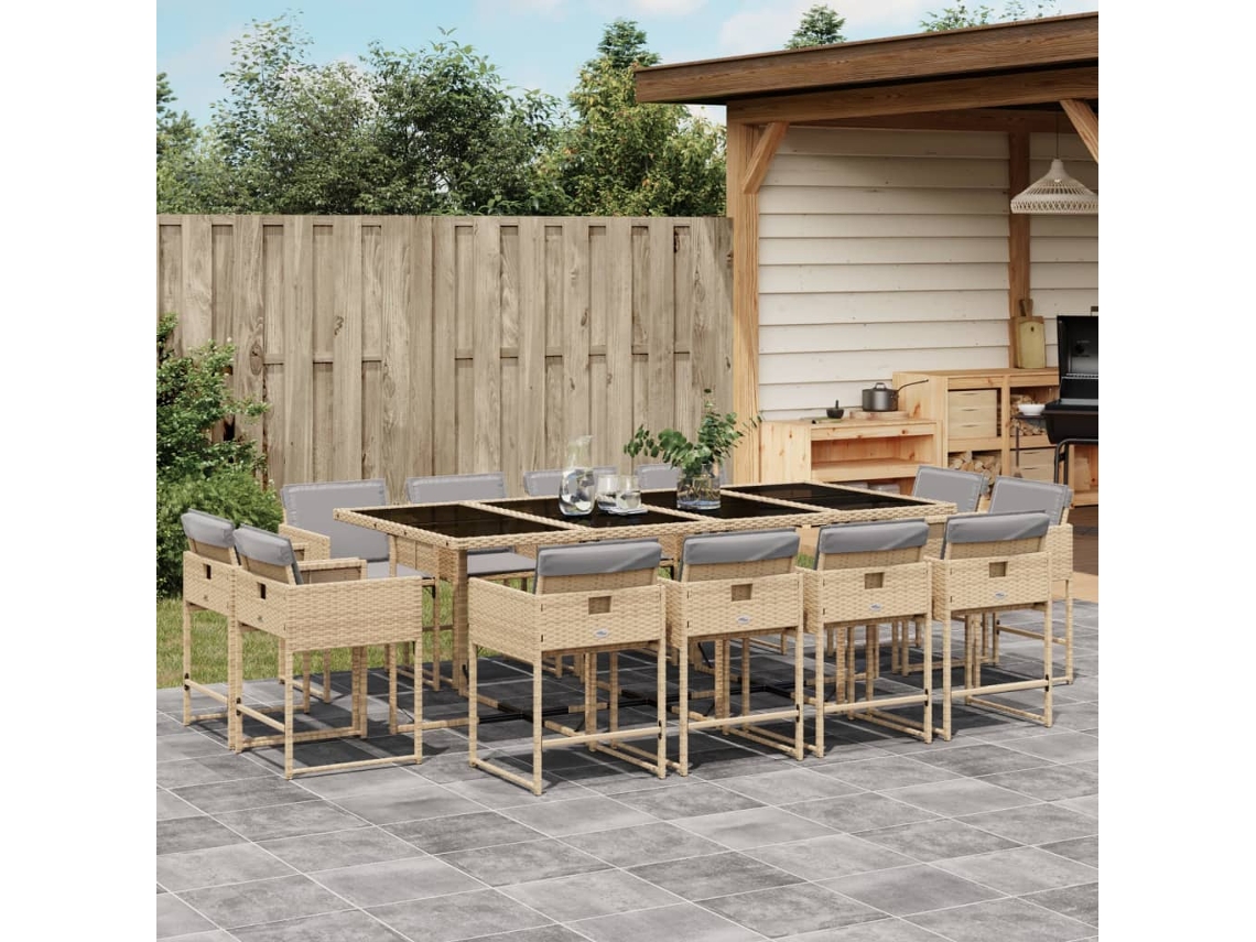 13 Pcs Conj. Jantar Jardim C/ Almofadões Vime Pe Bege Misturado Dkd Home Decor