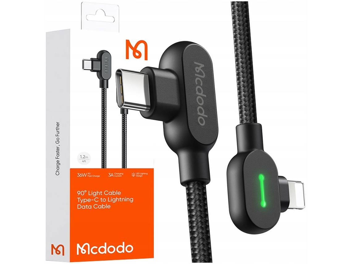 Cabo USB C Lightning reversível Mcdodo de 1 m e 90° em ângulo para iPhone 13 e 14 LEDs
