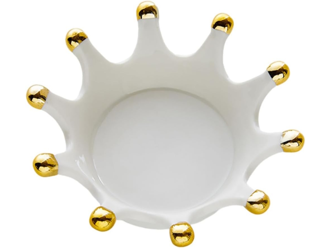 Castiçal Decorativo, Bandeja Branca para Joias com Borda Dourada, Cerâmica, Formato de Coroa, CHABERLU