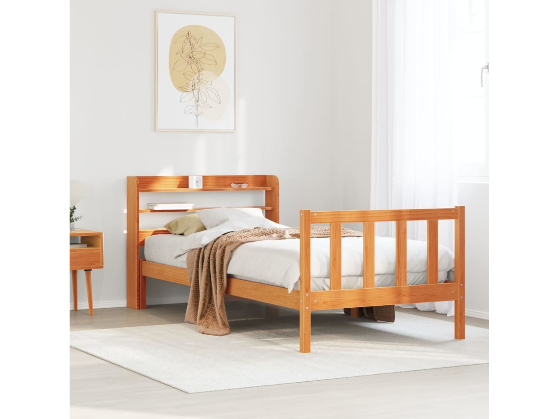 Estrutura Cama C/ Cabeceira 100x200cm Pinho Maciço Castanho-mel