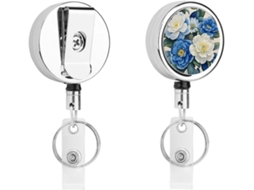 Porta Crachá Retrátil Com Mosquetão E Chaveiro Argola, Estampa Floral Azul E Branca, Carretéis De Metal Reforçados