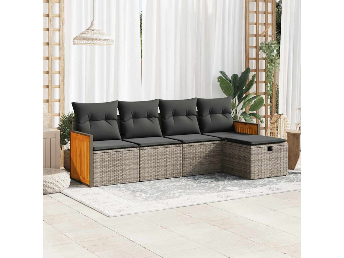 5 Pcs Conjunto Sofás De Jardim C/ Almofadões Vime Pe Cinzento Lovely Home