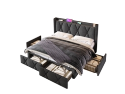 Cama de Casal Estofada com Carregador Usb, cabeceira e 4 gavetas, 140x200 cm, estrutura com arrumação em Cinza PAPRIKA