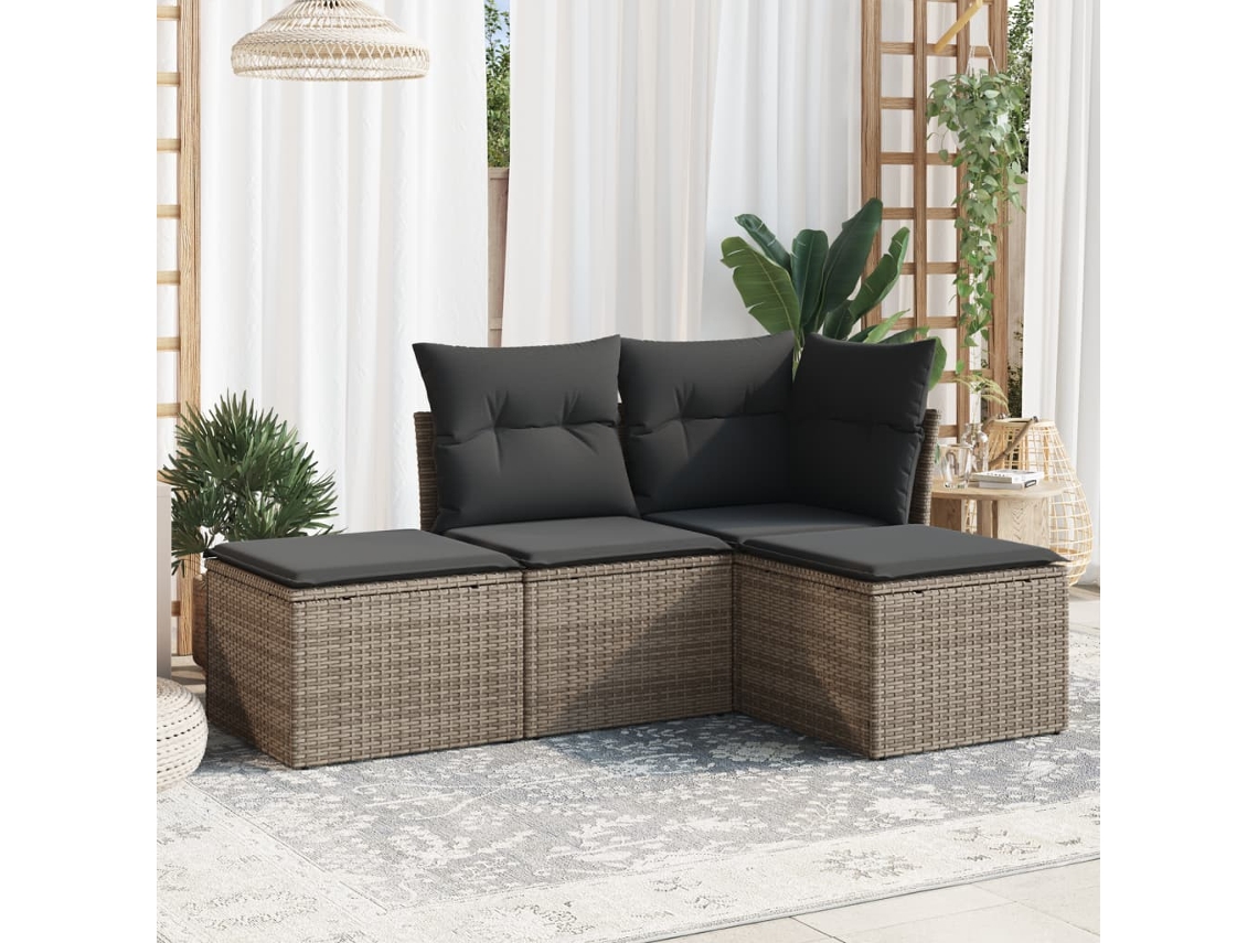 Vidaxl 4 Pcs Conjunto Sofás de Jardim C/ Almofadões Vime Pe Cinzento