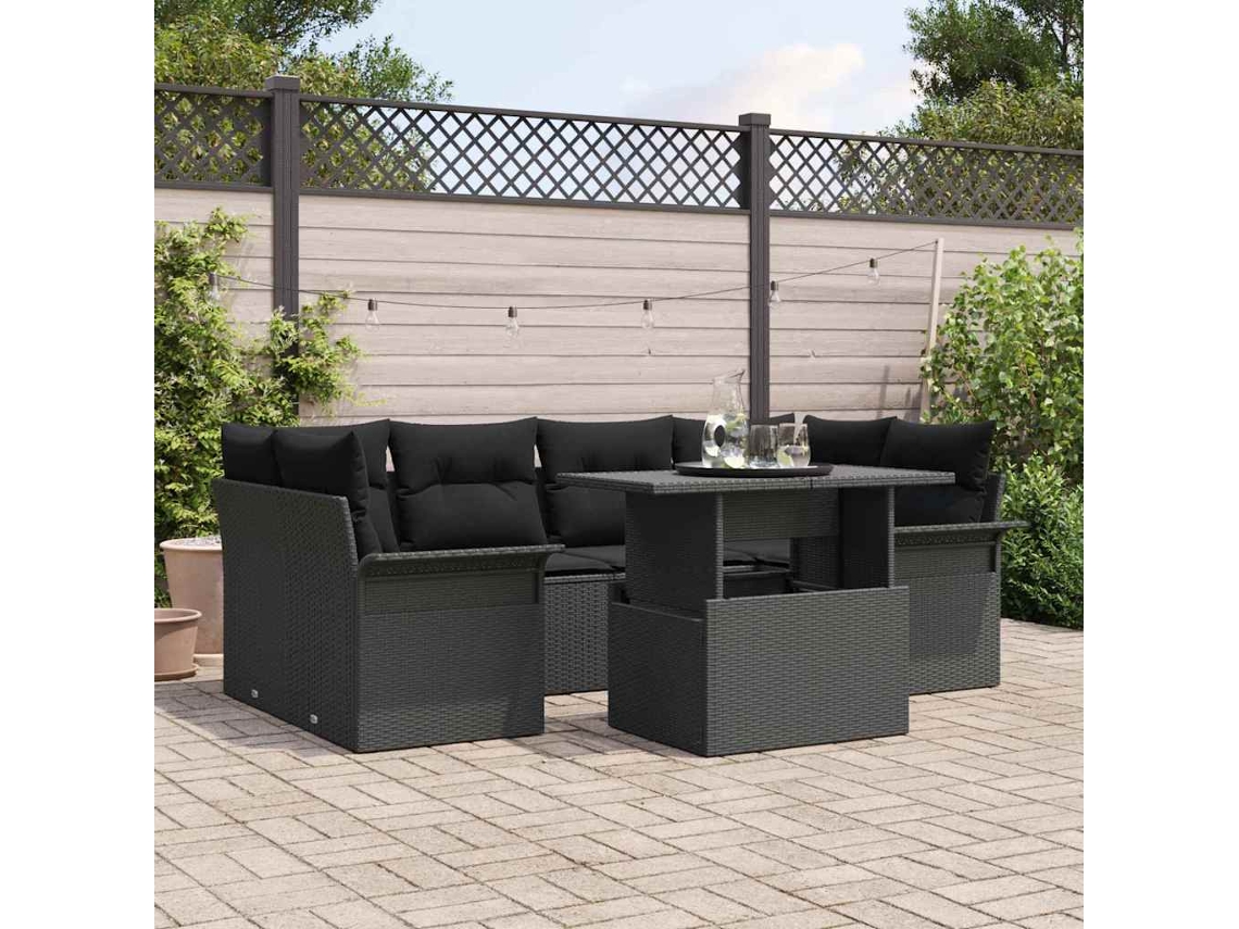 Vidaxl Conjunto De Sofá De Jardim 7 Unid. Preto Vime Pe