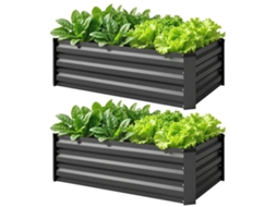 Conjunto De 2 Canteiros Elevados Para Horta Com Fundo Aberto Em Aço Galvanizado, 100x60x30cm, Cinza